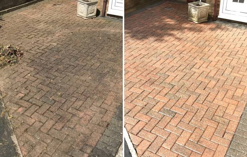 Before and after brick paver cleaning South Florida — moss and stains removed, color restored
