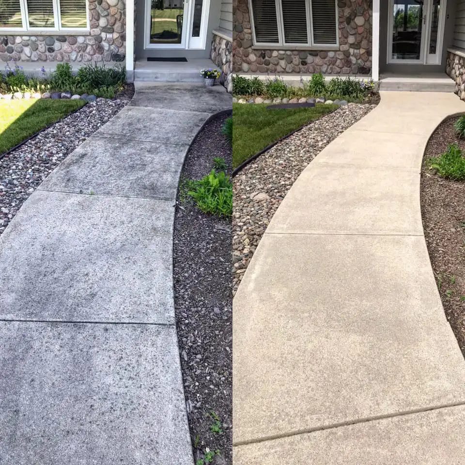 Before and after concrete walkway pressure washing — South Florida home, stained pathway restored