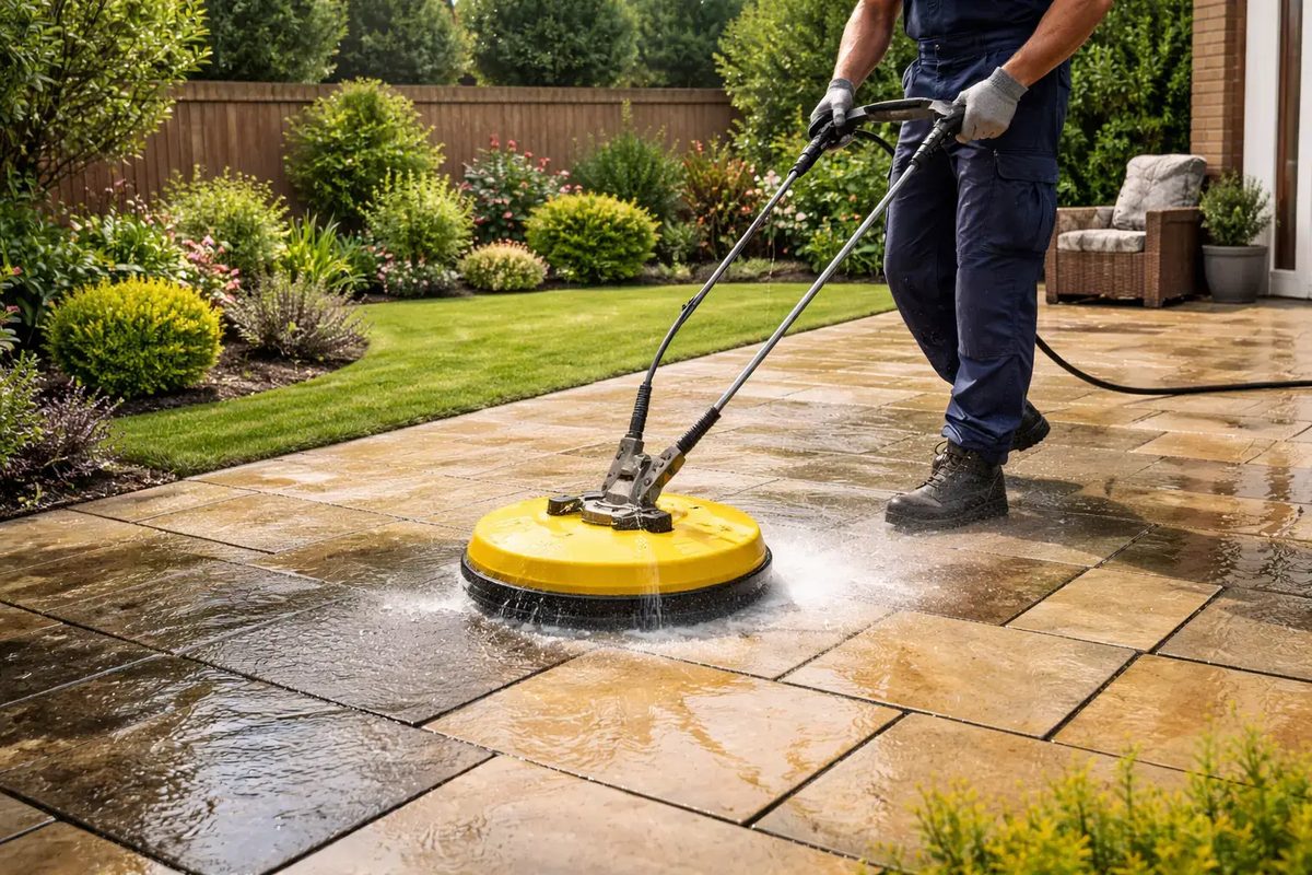 Travertine paver cleaning with surface cleaner South Florida — professional patio restoration